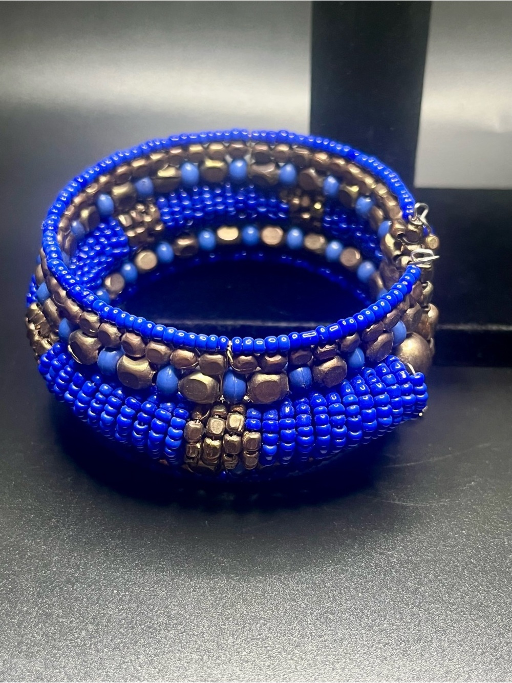 Vintage cobalt blue seed bead cuff bracelet wide statement bracelet boho artisan
